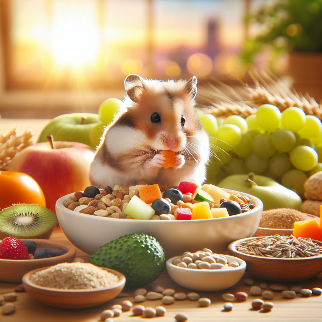 Un hamster en train de manger un assortiment équilibré de grains, fruits, légumes et un peu de protéines, disposés harmonieusement autour de lui sur une surface claire.