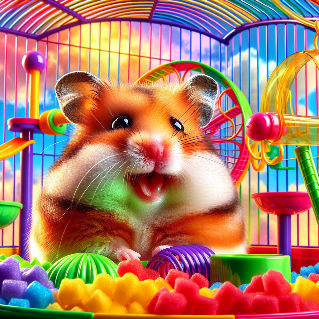 Un hamster heureux explorant une cage colorée avec des jouets