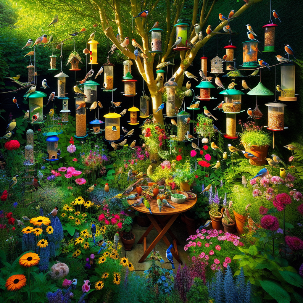 Un jardin vibrant, rempli de mangeoires pour oiseaux de diverses formes, avec une multitude d'oiseaux de différentes espèces qui se nourrissent.