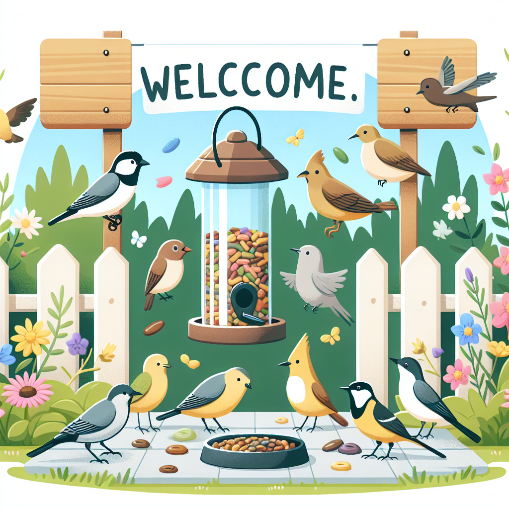 Une image montrant un jardin bien entretenu avec une variété d'oiseaux, chacun mangeant un type spécifique de nourriture. Au centre, une mangeoire propre attire plusieurs espèces d'oiseaux, illustrant l'importance de la responsabilité dans le nourrissage des oiseaux.