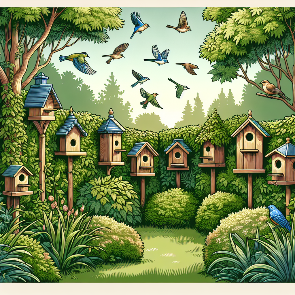 Un jardin paisible avec des espaces verts denses et des haies, montrant différentes maisons d'oiseaux installées en hauteur, adaptées à diverses espèces d'oiseaux, afin de fournir des endroits sûrs pour nicher et élever leurs jeunes.