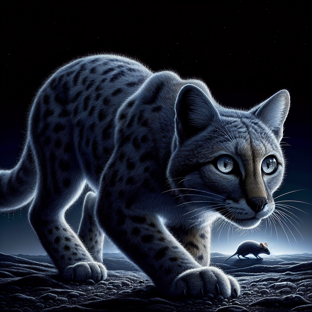 Un chat tapis dans l'herbe sous un clair de lune, les yeux brillants, prêt à bondir sur sa proie, illustre la capacité de chasse nocturne du chat et son comportement actif pendant la nuit.