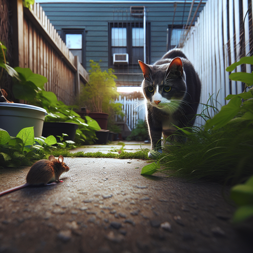 Un chat domestique approchant prudemment une souris dans un jardin.