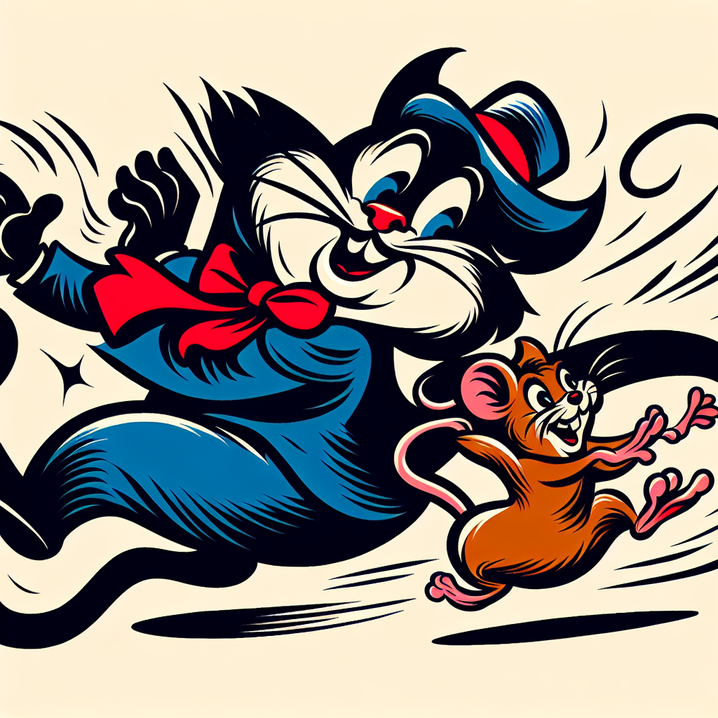Un chat espiègle et une souris astucieuse dans une course poursuite amusante, rappelant le style des dessins animés de Tom et Jerry.
