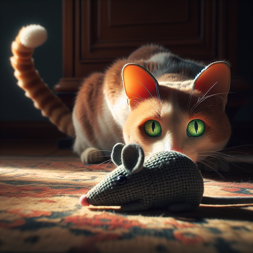 Un chat concentré en train de traquer une souris-jouet