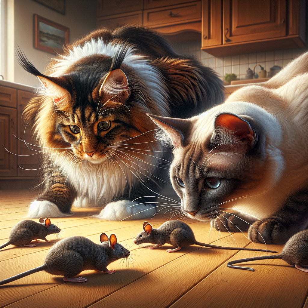 Deux chats, un Maine Coon et un Siamois, chassant des souris dans une maison. Ils sont attentifs et en mouvement, montrant leurs compétences de chasseurs.