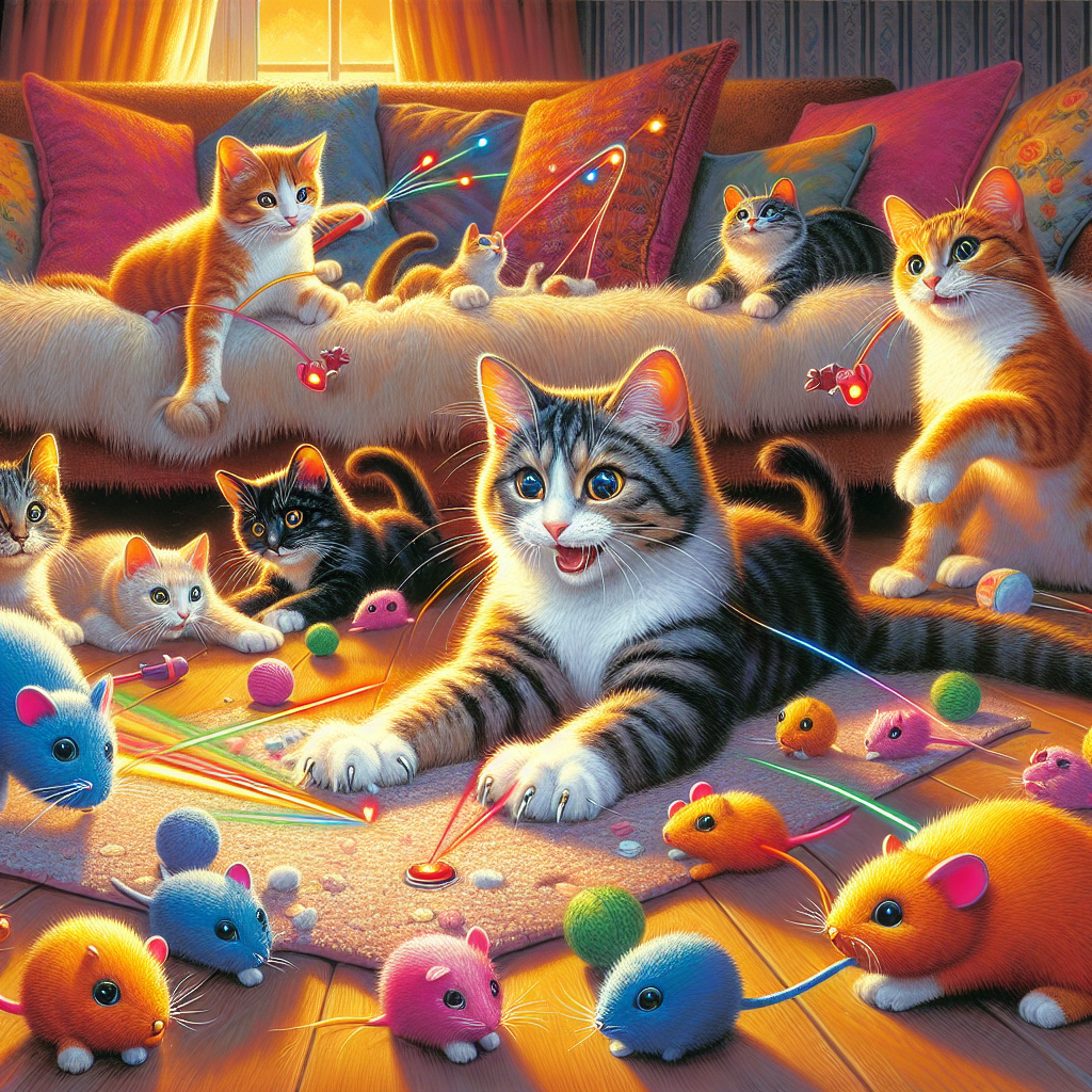 Des chats jouent en chassant des jouets tels que des souris en peluche et en poursuivant des points laser dans un intérieur accueillant.