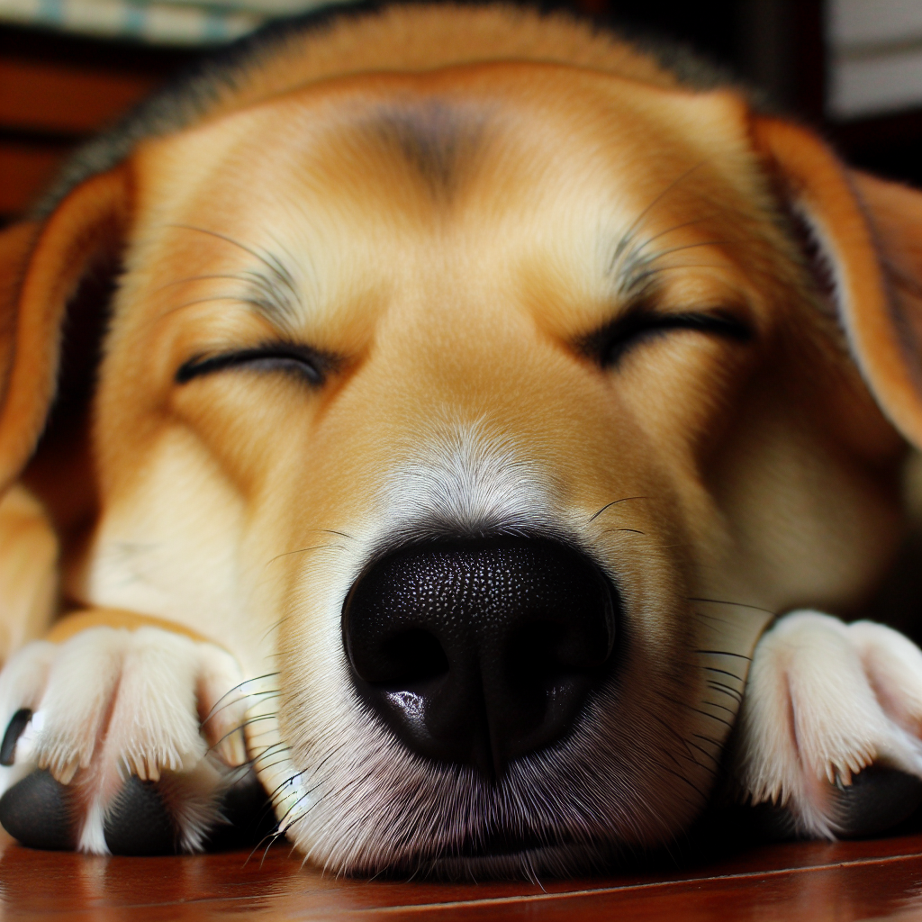 Un chien dormant paisiblement dans son lit confortable, illustrant le résultat d'un bon environnement de sommeil.