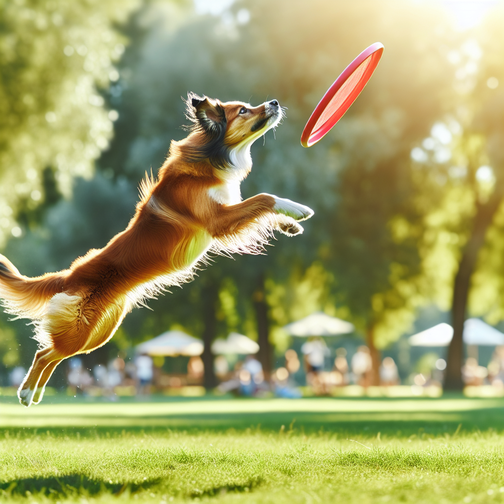 Un chien en plein saut attrapant un frisbee dans un parc ensoleillé, mettant en évidence son agilité et sa coordination.