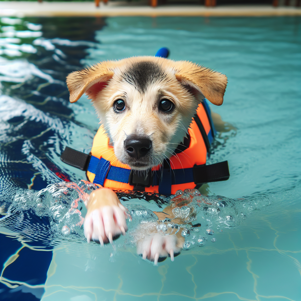 Un chien avec un gilet de sauvetage apprend à nager dans une piscine sous la supervision de son propriétaire