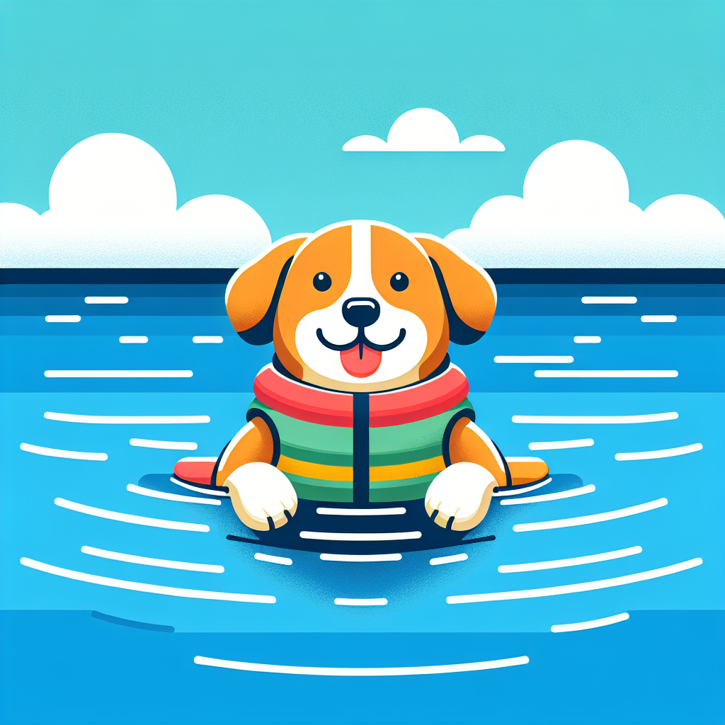 Un chien souriant portant un gilet de sauvetage flotte sereinement sur une étendue d'eau calme, sous un ciel clair et bleu, montrant l'importance des équipements de flottaison pour la sécurité des animaux de compagnie.