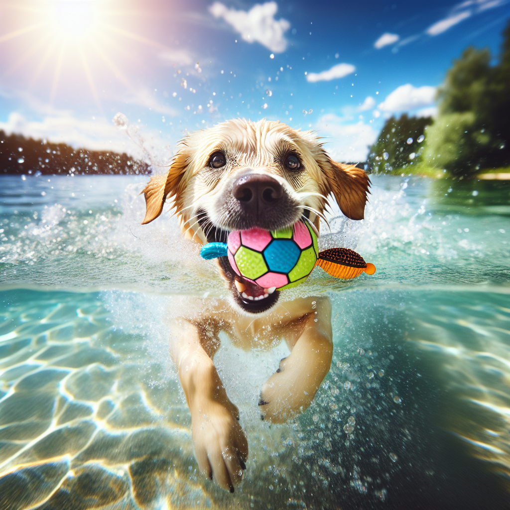 Un chien exubérant plongeant dans un lac clair pour récupérer un jouet, éclaboussant joyeusement l'eau autour de lui sous un ciel bleu d'été, incarnant l'esprit des jeux d'eau rafraîchissants.