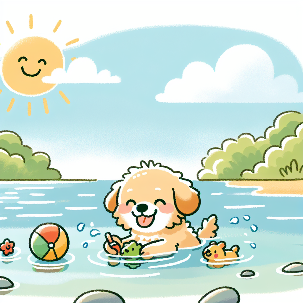 Un chien exprimant de la joie en jouant avec des jouets flottants dans un environnement calme et peu profond, illustrant son introduction positive à l'eau.