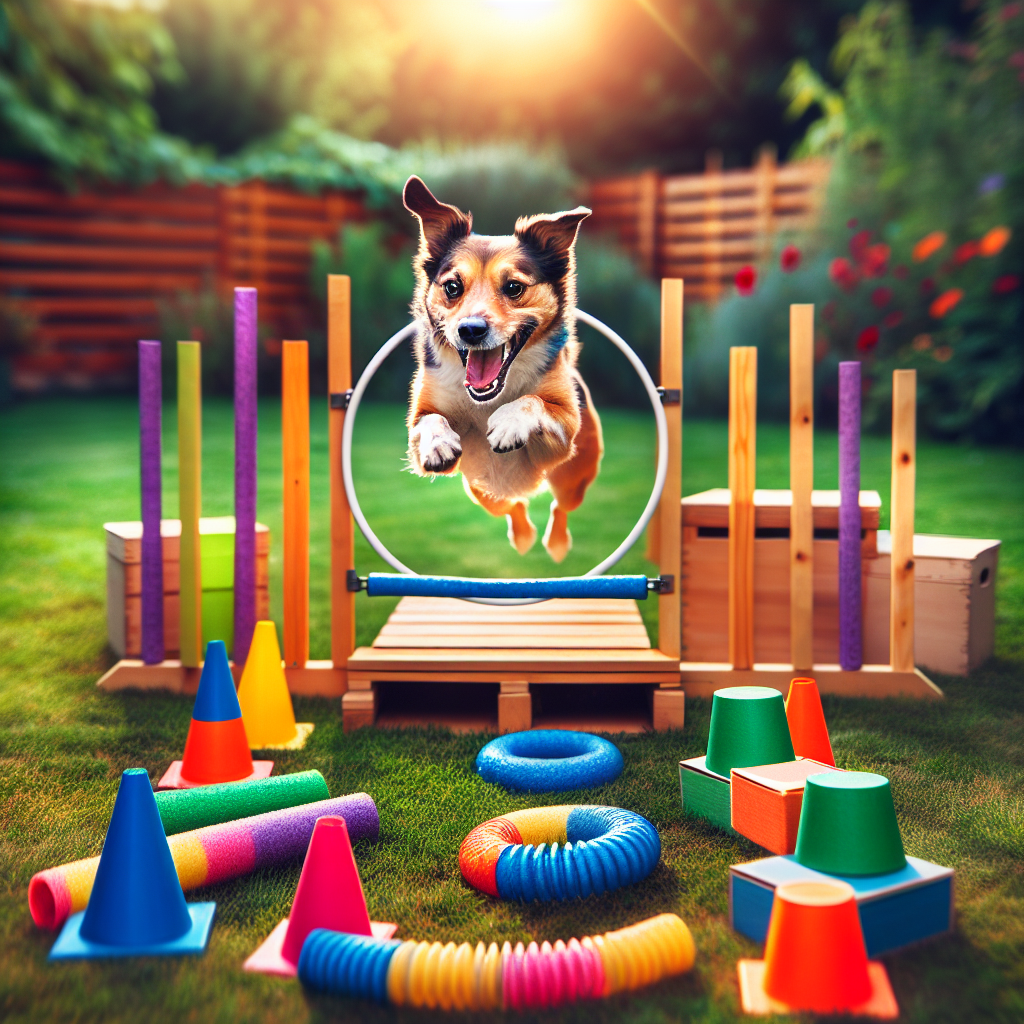 Un chien parcourant joyeusement un cours d'agilité dans un jardin, naviguant à travers des obstacles tels que des cônes, des cerceaux, et des boîtes, illustrant un moyen ludique de stimuler à la fois son corps et son esprit.