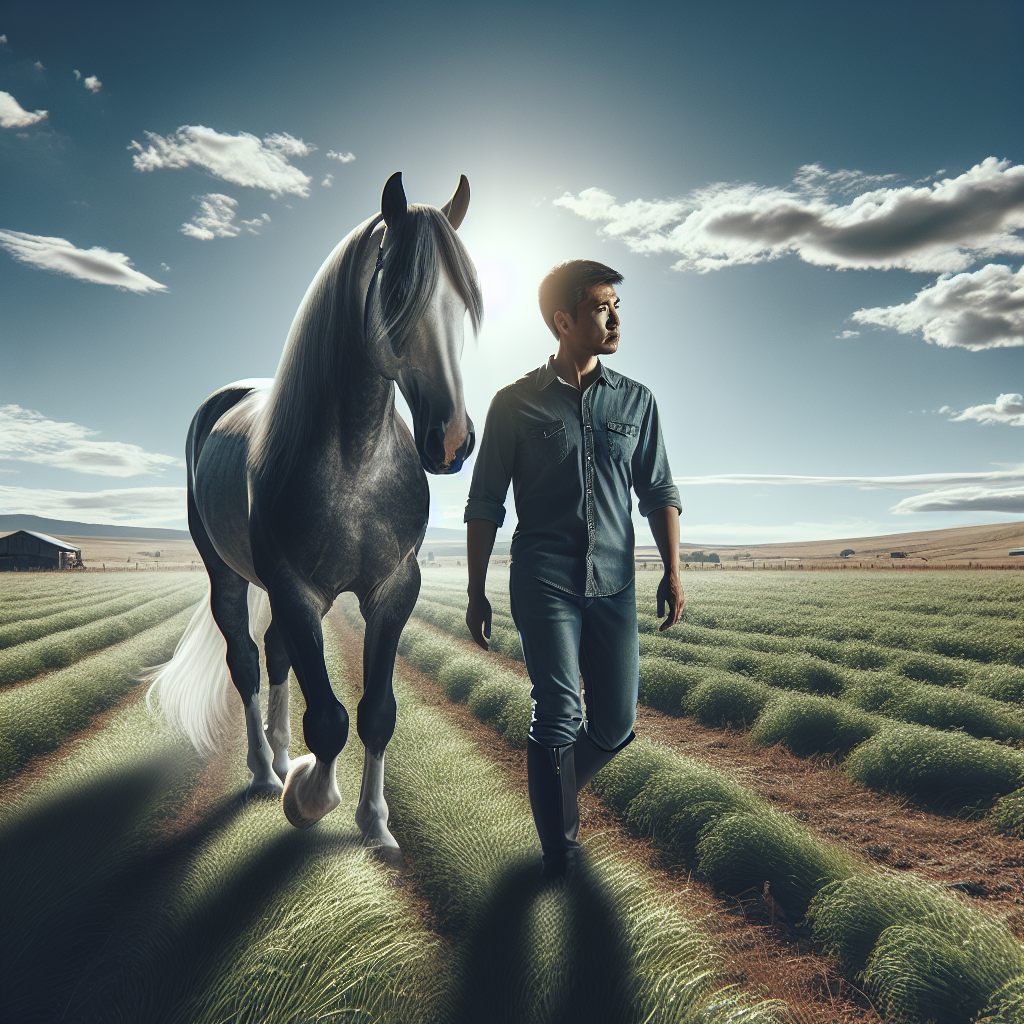 Un cheval en forme se promenant dans un champ avec son cavalier par une journée ensoleillée, mettant en avant le lien entre eux.