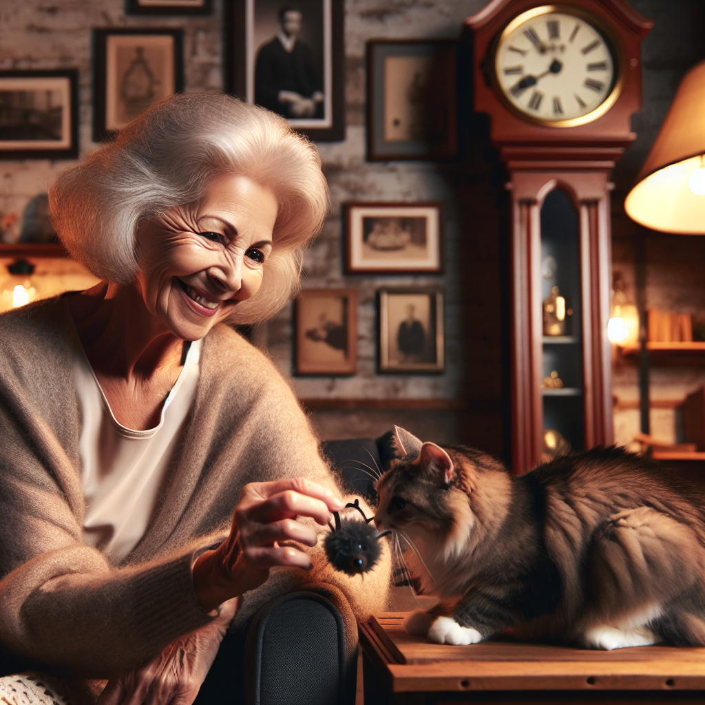 Une femme âgée souriante regardant son chat jouer avec une souris dans un salon cosy.