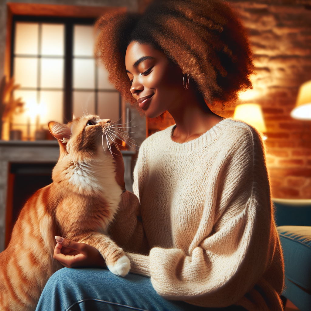 Un humain et un chat partageant un moment affectueux, assis confortablement à la maison, ce qui illustre le lien fort entre eux.