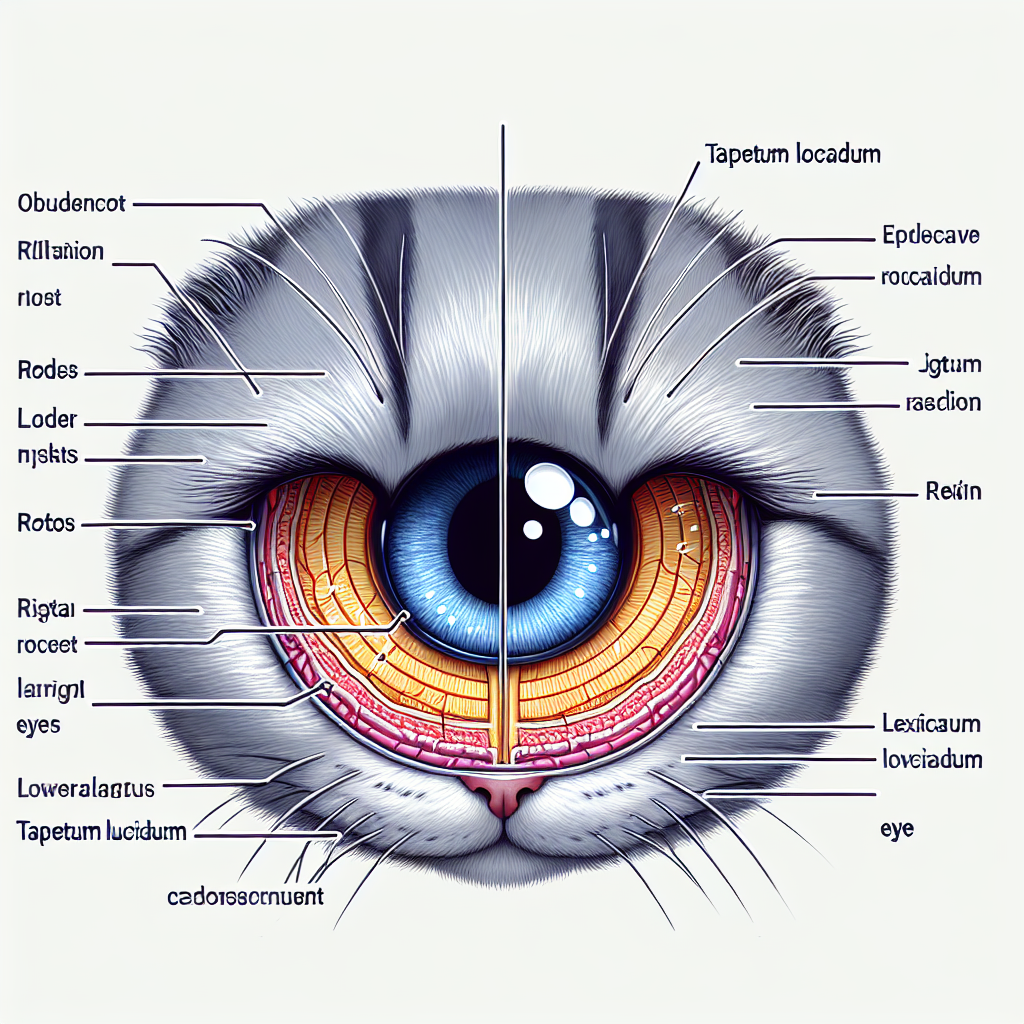 Anatomie de l'œil d'un chat mettant en évidence les bâtonnets dans la rétine et la couche tapetum lucidum réfléchissante, qui améliorent sa vision dans l'obscurité et donnent à ses yeux une lueur caractéristique.
