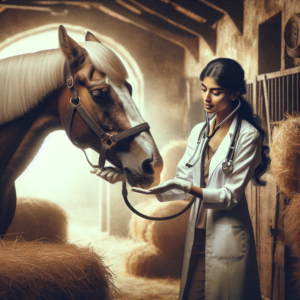 Un vétérinaire examine un cheval dans une écurie, avec des bottes de foin en arrière-plan.