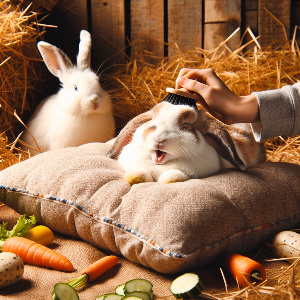 Un lapin heureux se faisant brosser sur une surface douce, entouré de foin et de légumes frais. Un autre lapin profitant d'un environnement calme et sécurisé.