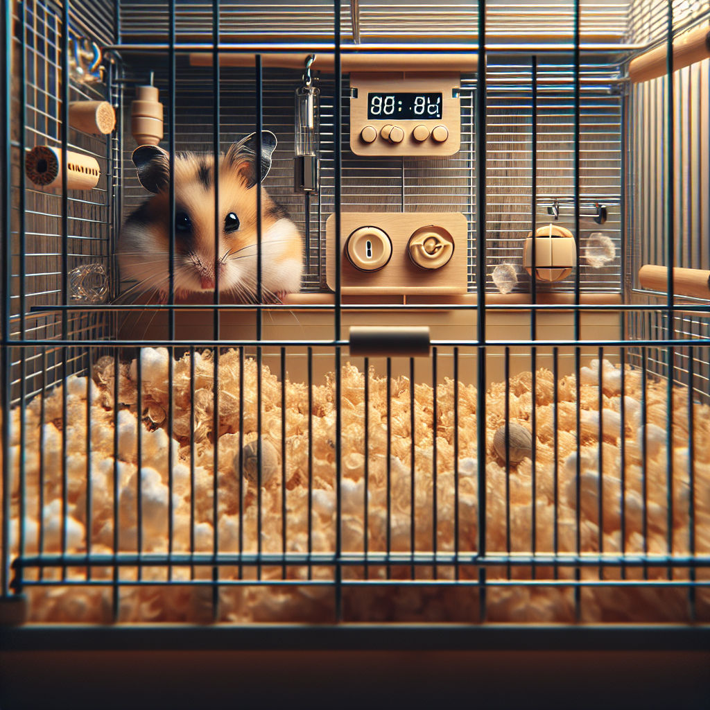 Une cage de hamster propre et sécurisée avec de la litière fraîche et des verrous sûrs.