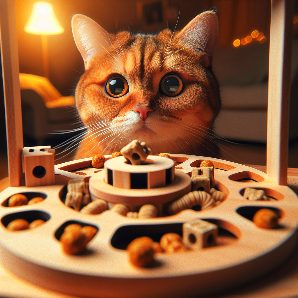 Un chat jouant avec un puzzle alimentaire, semblant curieux et engagé