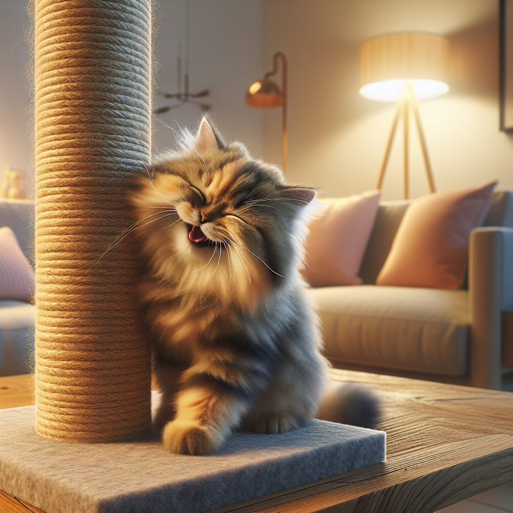 Un chat heureux utilisant un griffoir en sisal dans un intérieur douillet