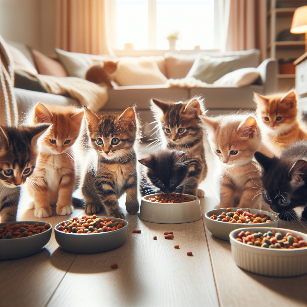 Des chatons en bonne santé et joueurs mangeant des petites portions de nourriture dans des bols, dans une pièce confortable et bien éclairée.