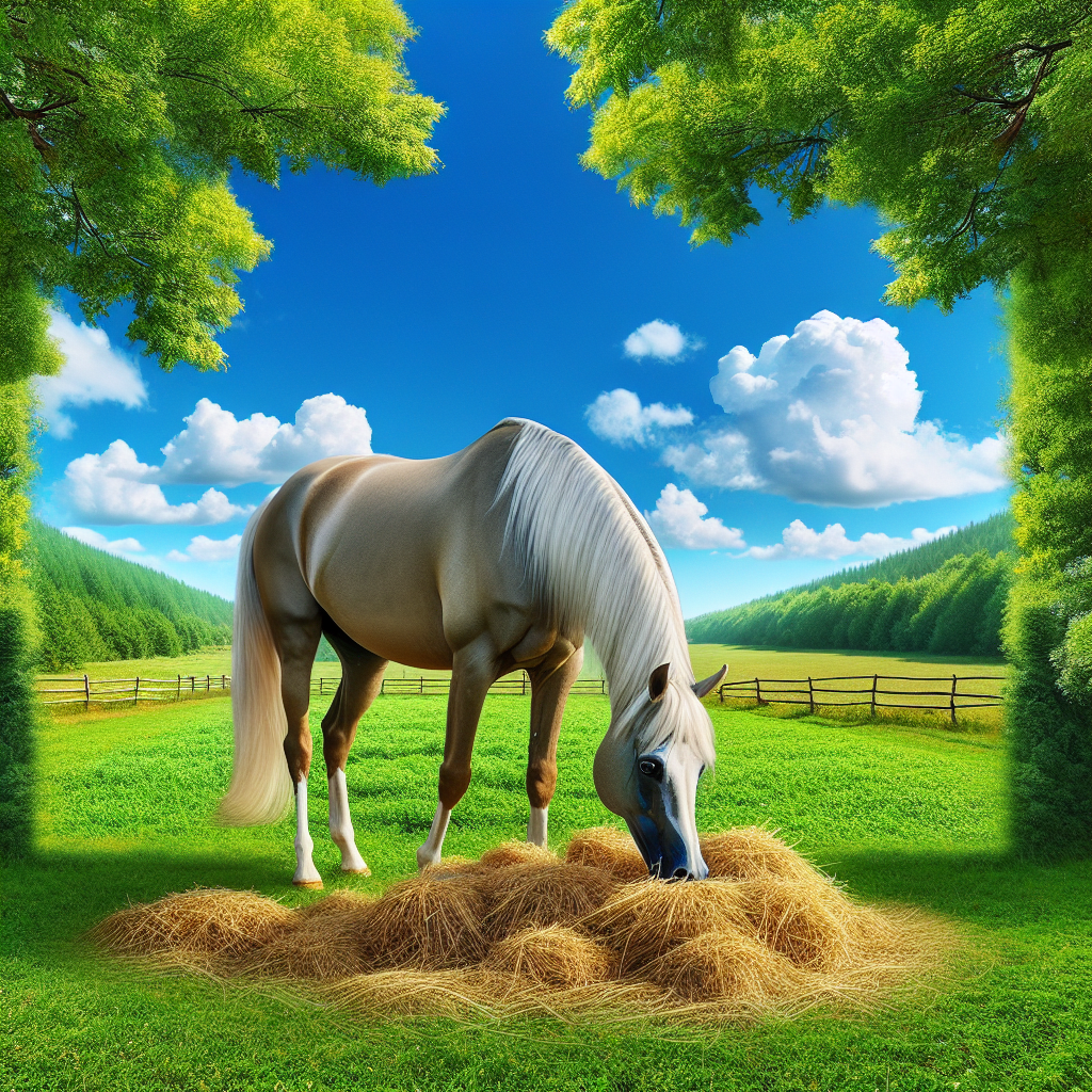 Un beau cheval mangeant du foin dans un pâturage verdoyant sous un ciel bleu.