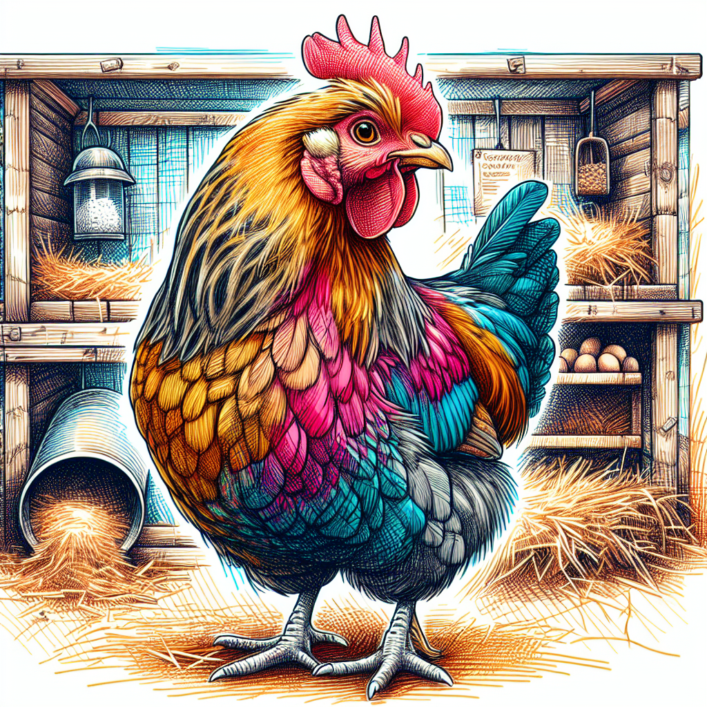Illustration d'une poule atteinte de varicelle dans un poulailler bien entretenu.