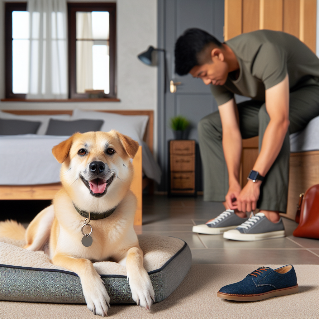 Un chien calme et heureux allongé sur un lit confortable, avec une personne en arrière-plan qui met ses chaussures et prend ses clés sans prêter attention au chien.