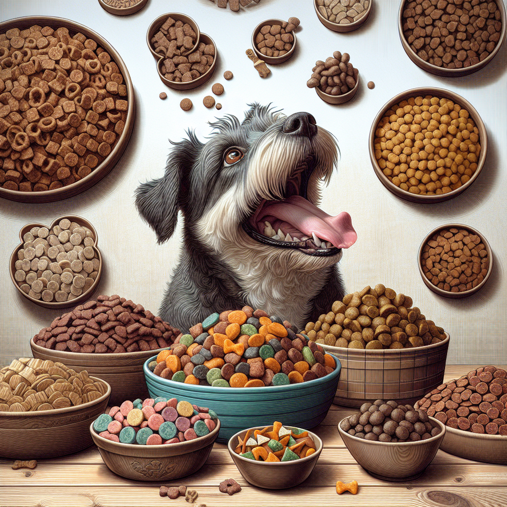 Différents types de nourriture pour chiens dans des bols, avec un chien heureux qui semble excité.