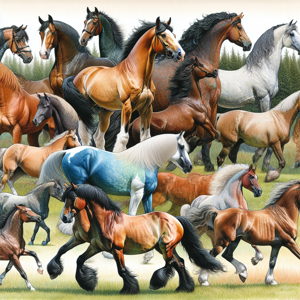 Différentes races de chevaux dans un champ, illustrant leurs caractéristiques uniques