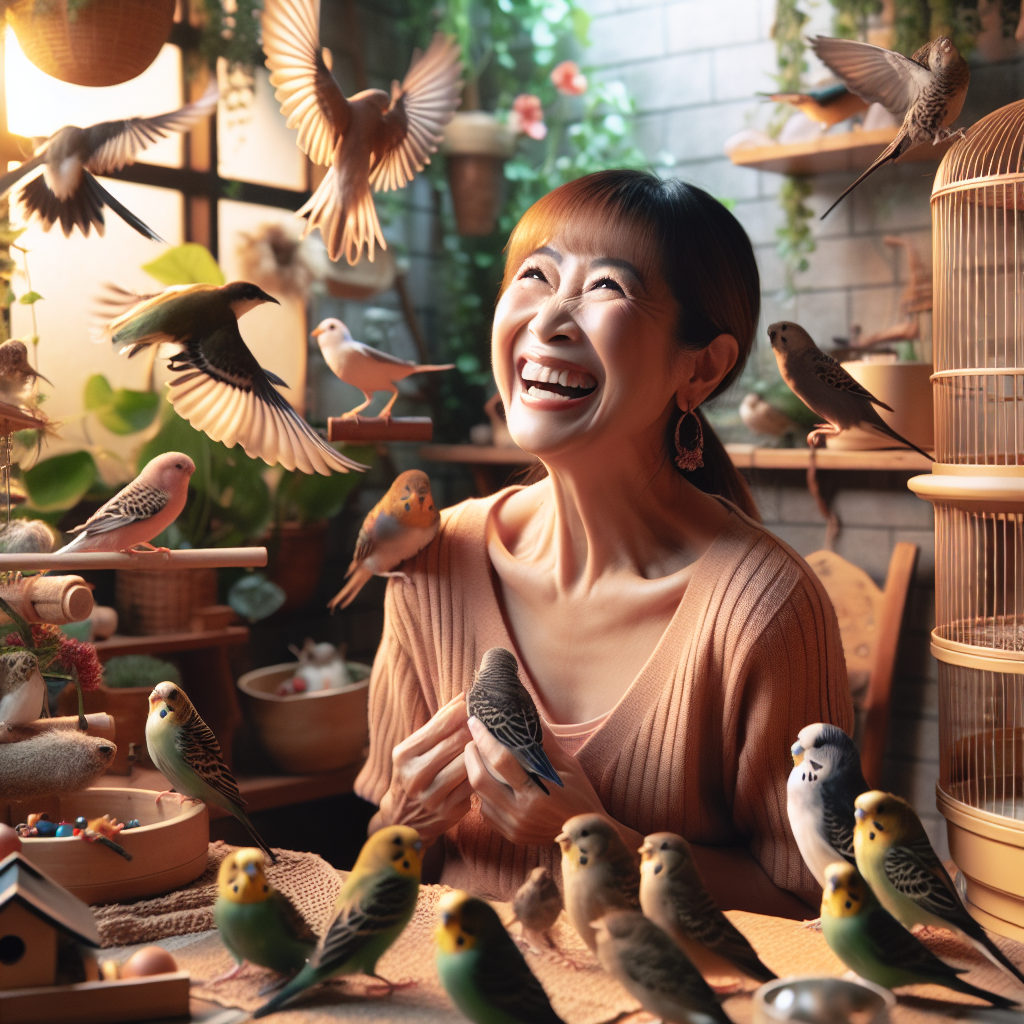 Une femme souriante dans sa maison entourée de divers oiseaux, certains perchés et d'autres en vol, avec une lumière naturelle chaleureuse.