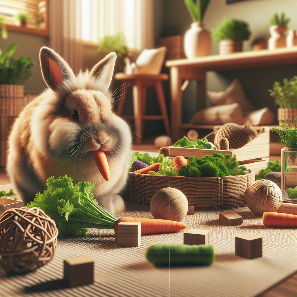 Un habitat intérieur confortable pour lapin montrant un lapin mangeant des légumes frais avec des jouets autour.