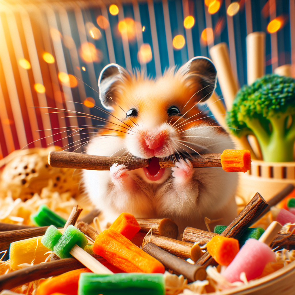 Un hamster heureux mâche des bâtonnets en bois naturel et des jouets à base de légumes séchés dans une cage colorée. Plusieurs jouets à mâcher sont dispersés autour de lui.