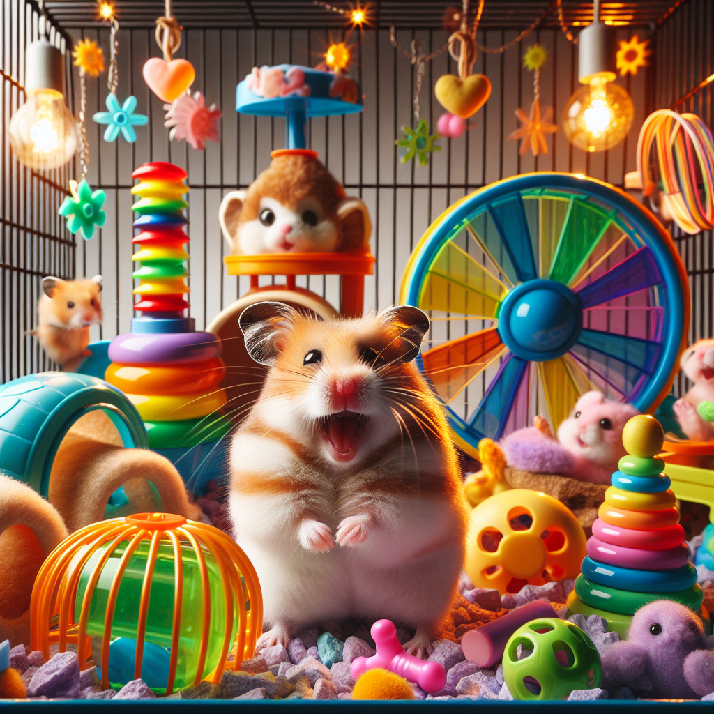 Un hamster joyeux entouré de divers jouets colorés dans une cage bien décorée