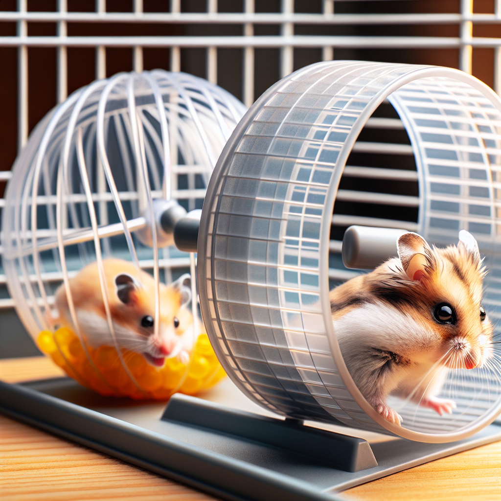 Un hamster courant dans une roue à surface pleine dans une cage et un autre hamster à l'intérieur d'une boule d'exercice bien ventilée.