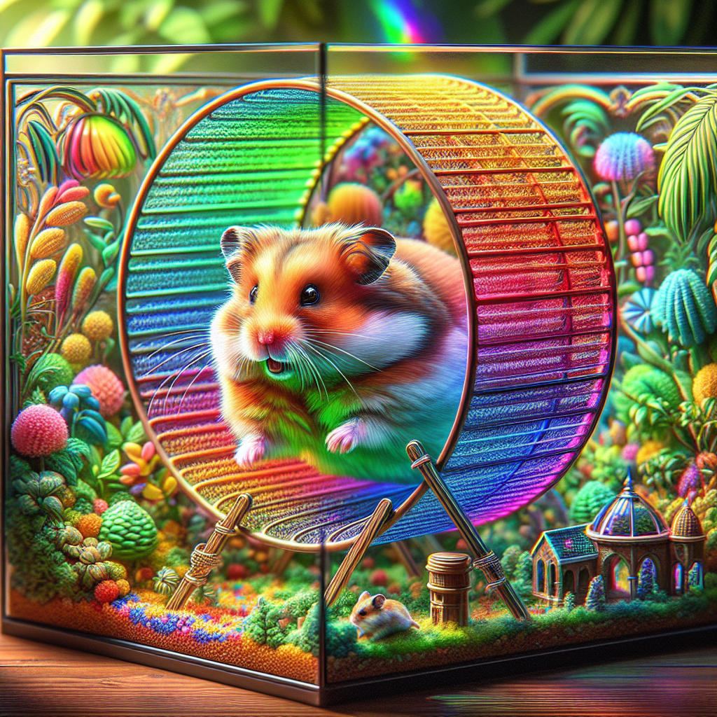 Un hamster joyeux courant dans une roue colorée à l'intérieur d'un terrarium bien décoré