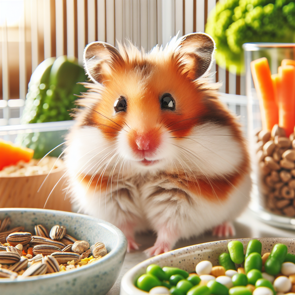 Un hamster en bonne santé avec un pelage brillant et des yeux clairs dans une cage propre avec de la nourriture et de l'eau fraîche.