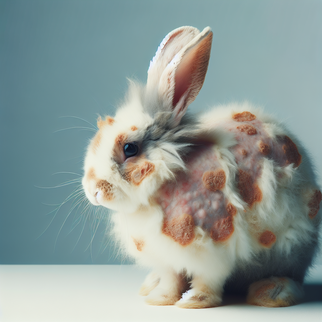 Un lapin avec des zones de calvitie et des infections cutanées visibles, montrant des taches de fourrure clairsemée et des démangeaisons.