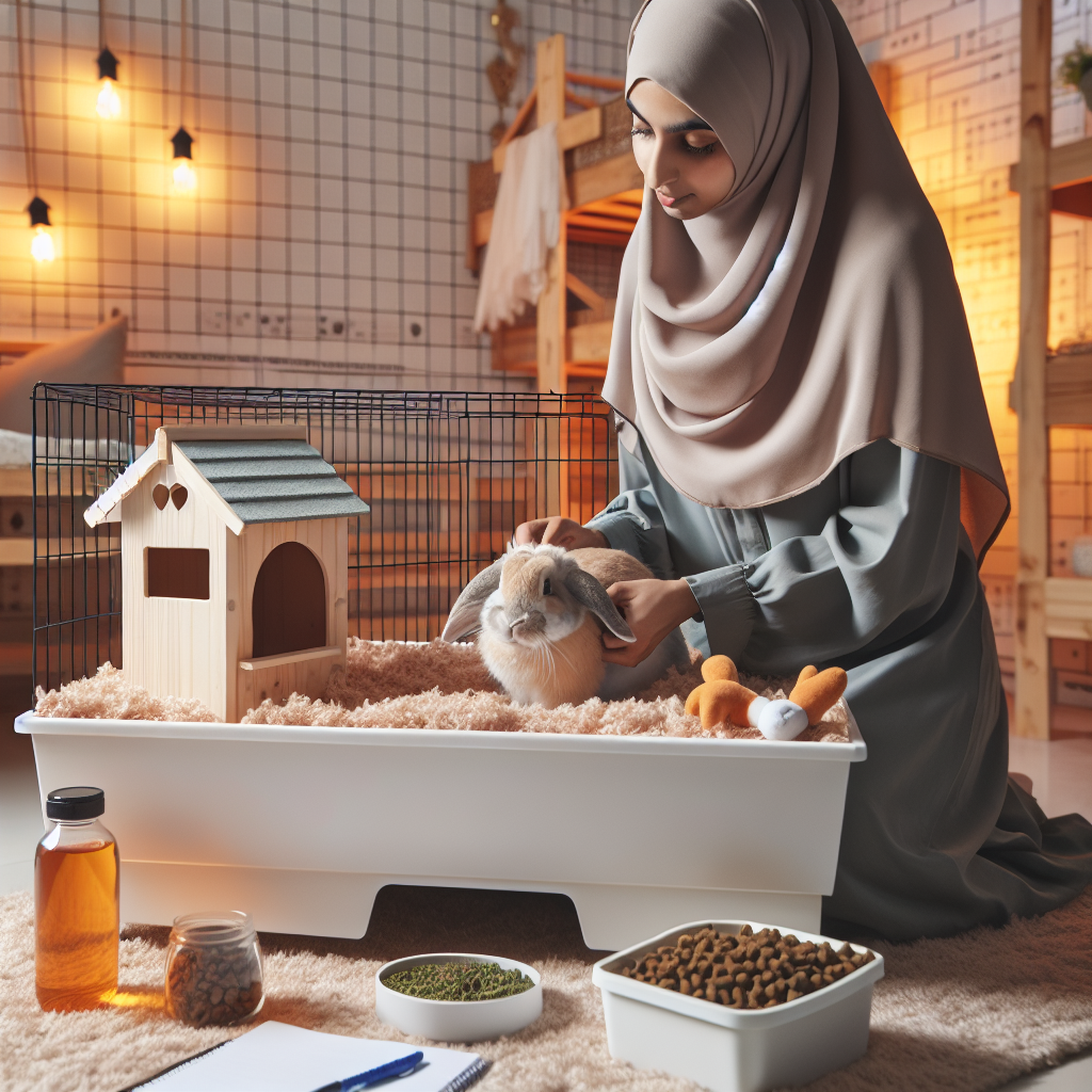 Installation de la cage d'un lapin avec literie, jouets, et récipients de nourriture