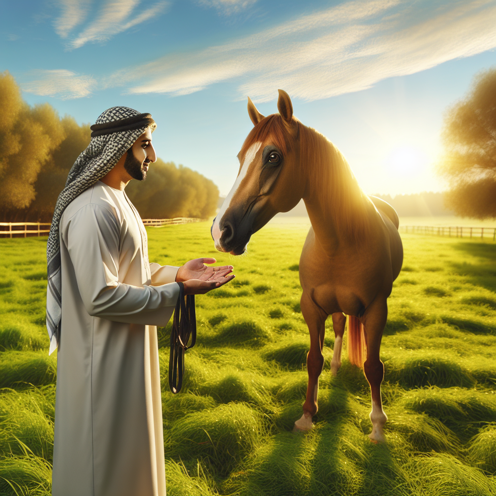 Interaction entre un débutant et un cheval dans un pâturage.
