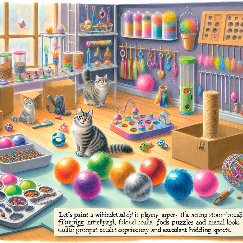 Des jouets interactifs pour chats incluant des jouets à plume, des balles lumineuses et des puzzles alimentaires, ainsi que des jouets maison comme des boules de papier aluminium, des bouchons de liège et des boîtes en carton.