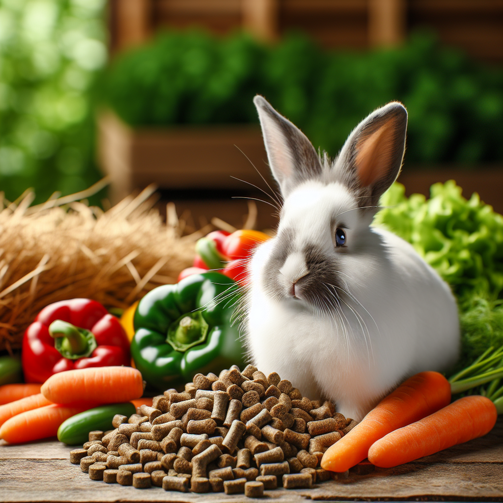 Un lapin en bonne santé mangeant des granulés de haute qualité avec des légumes frais et du foin.