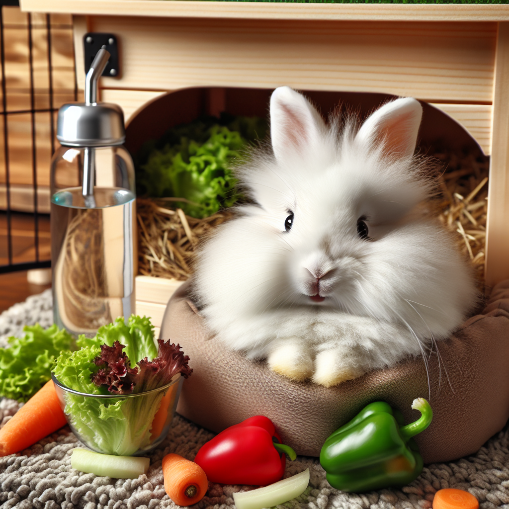 Un lapin heureux mangeant des légumes frais et du foin.