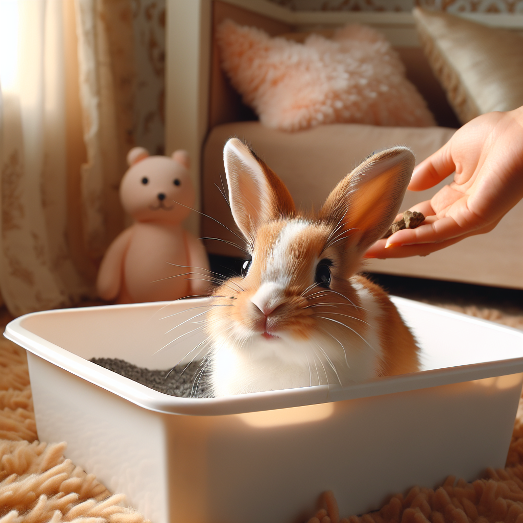 Un lapin mignon utilisant une litière, entouré par un environnement douillet, recevant une friandise et des caresses comme récompense. Le lapin a l'air à l'aise et heureux.