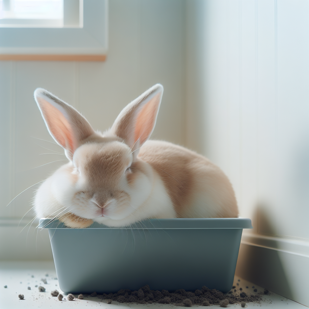 Un lapin mignon utilisant une litière dans un coin de sa cage, semblant à l'aise et content