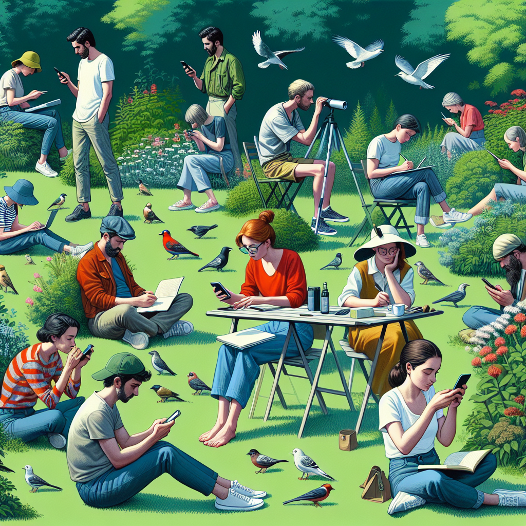Un groupe de personnes dans un jardin luxuriant utilisant des applications mobiles, prenant des notes et observant des oiseaux avec des jumelles.