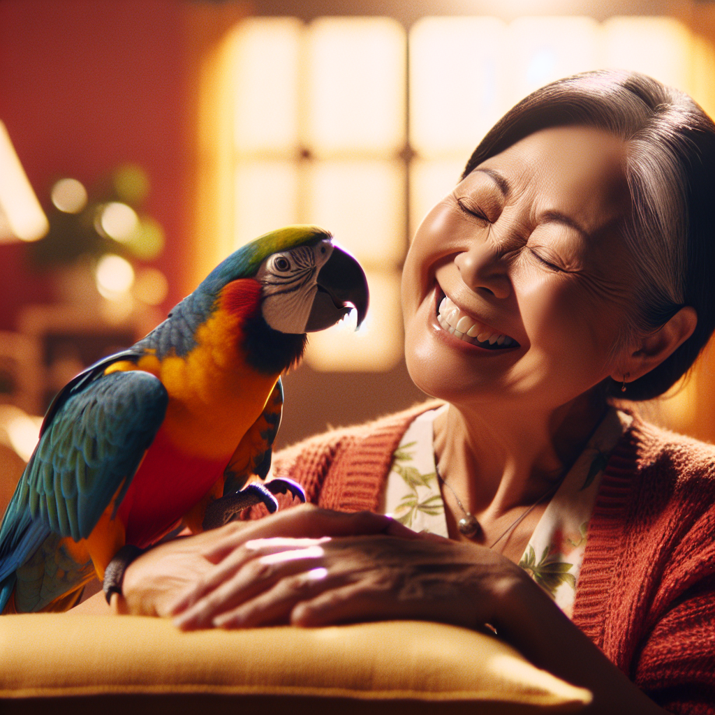 Un perroquet coloré interagissant joyeusement avec son propriétaire dans un environnement domestique chaleureux